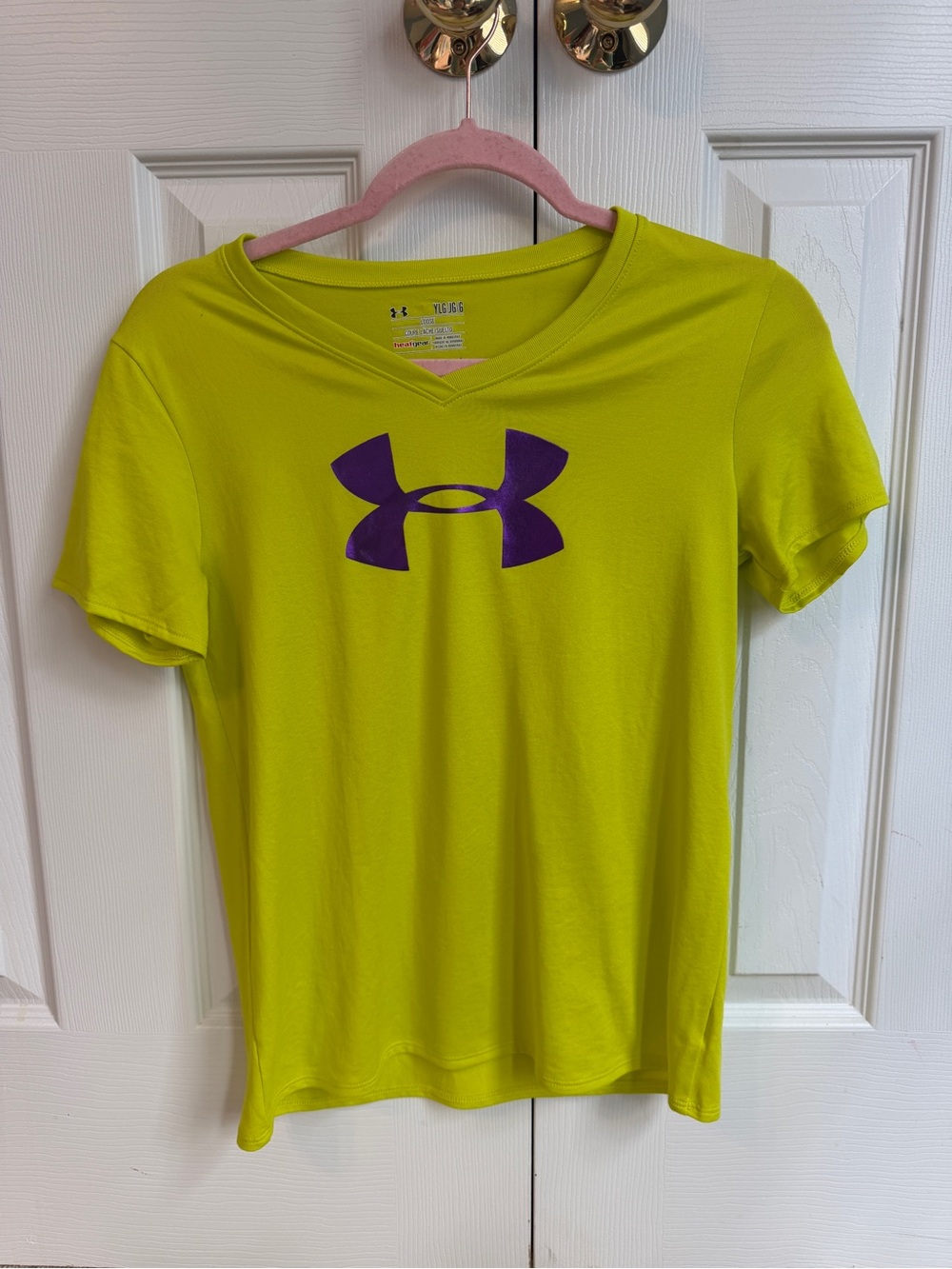 Kids Under Armour Neon Yellow Short Sleeve V-Neck Tee with Purple Logo